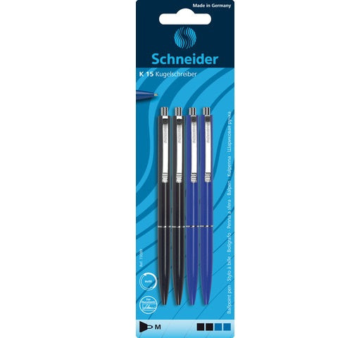 balpen K15 navulbaar zwart/blauw 4 stuks