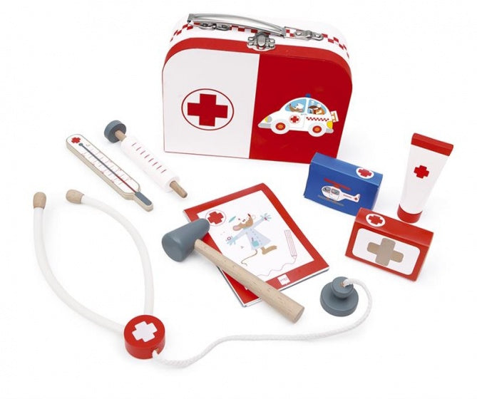 dokterskoffer set 9-delig wit/rood 19 x 14 x 7 cm