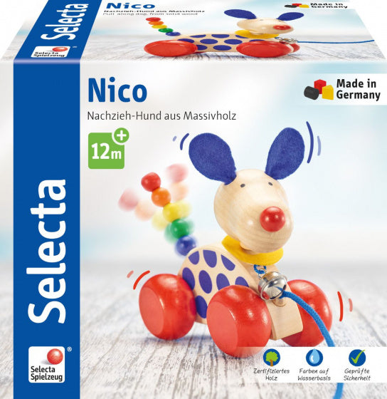 trekfiguur Hond Nico 12 cm hout naturel/blauw
