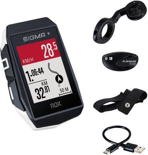 GPS Fietscomputer Sigma ROX 11.1 EVO GPS HR set met korte Butler stuurhouder - wit