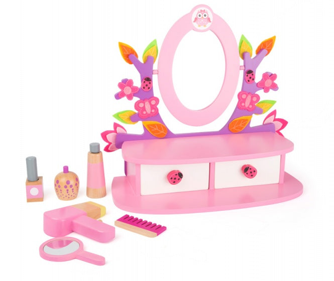 kleurrijke houten make-up tafel roze