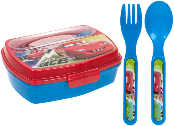 broodtrommel met bestek Cars rood/blauw 3-delig
