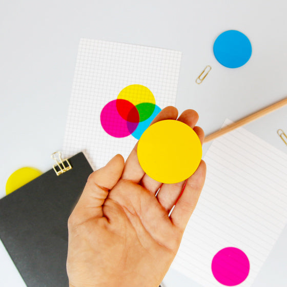 memoblokken cirkels 5 cm papier blauw/roze/geel 3 stuks