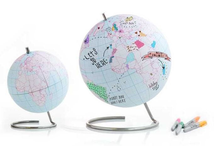 wereldbol DIY 18 x 14 cm RVS/papier blauw/roze