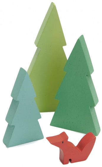 speelgoed dennenbomen en vos 23 cm hout