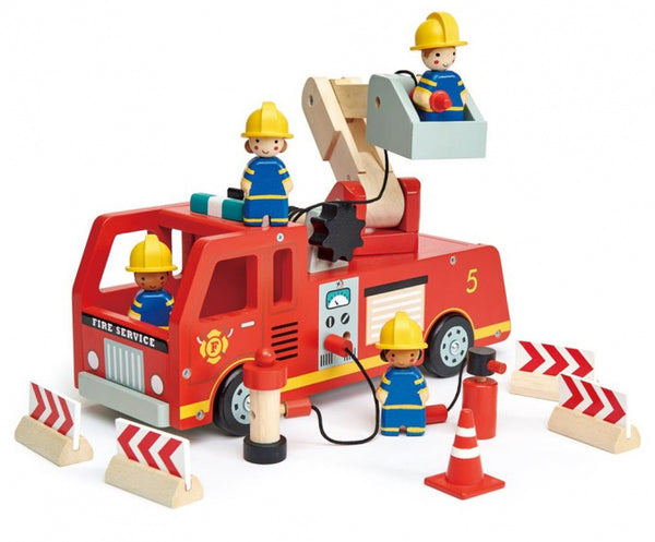 brandweerwagen 28 cm junior hout rood 4-delig