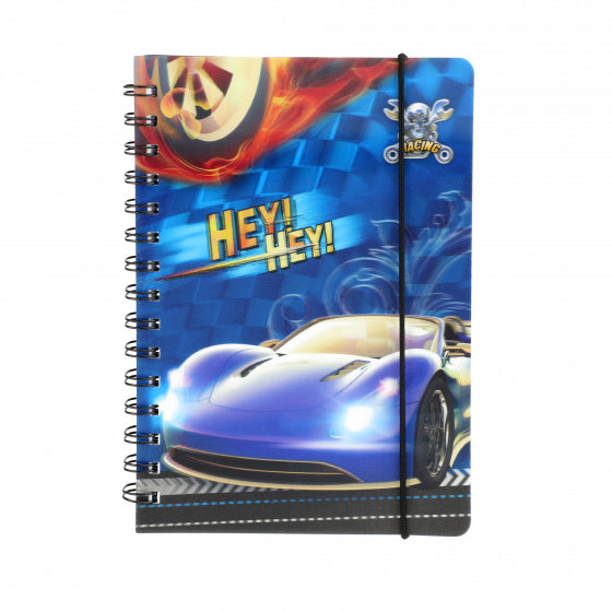 Notitieboek met lijntjes 3D raceauto jongens paars