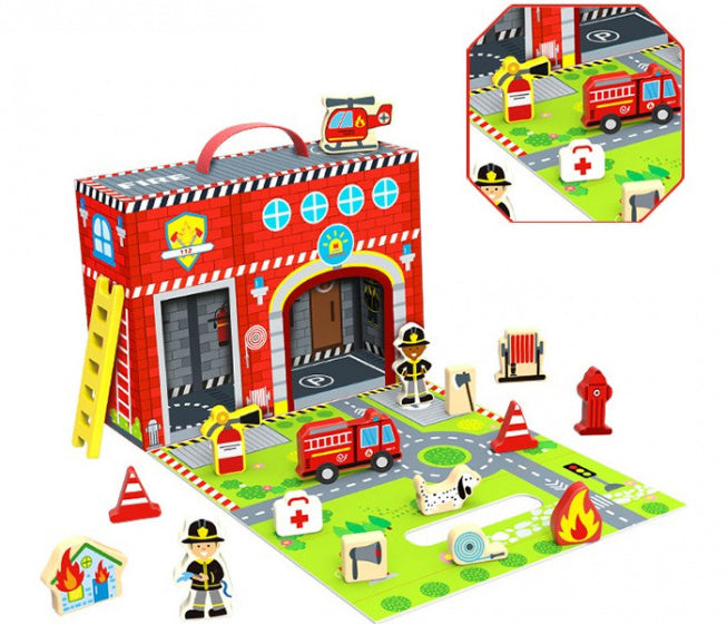poppenhuis brandweer hout rood 3-delig