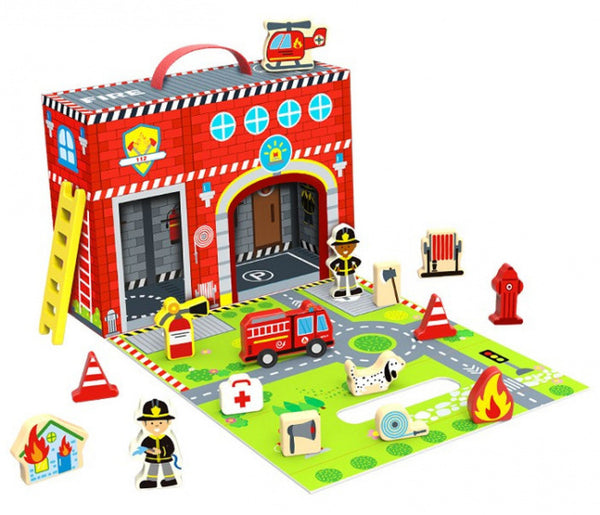 poppenhuis brandweer hout rood 3-delig