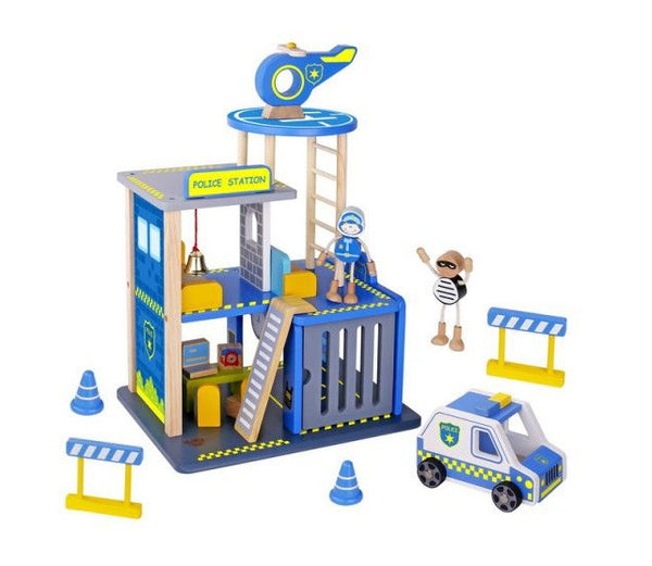 speelset Politiebureau 35 cm hout blauw 14-delig