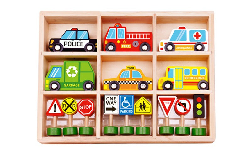 voertuigenset jongens 30 x 22 x 4 cm hout 15-delig