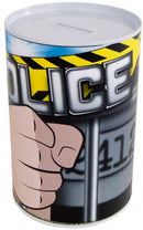 spaarpot Politie 8,5 x 11,5 cm staal grijs