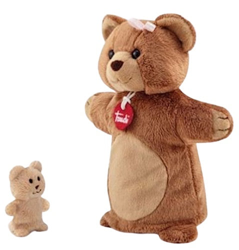 handpop Beer met baby 24 cm pluche bruin 2-delig