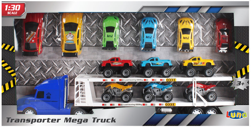 autotransporter Mega Truck jongens 1:30 blauw 14-delig