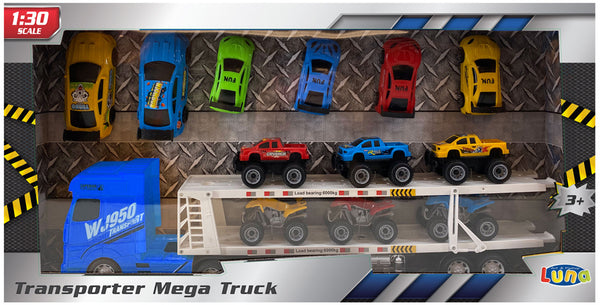 autotransporter Mega Truck 1:30 jongens blauw 14-delig