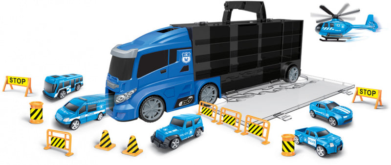 autotransporter Police 63 cm zwart/blauw 16-delig