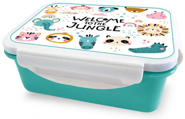broodtrommel jungle 16 x 12 x 6,5 cm blauw/wit