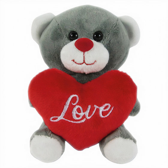 knuffelbeer met hart 12 cm grijs/rood