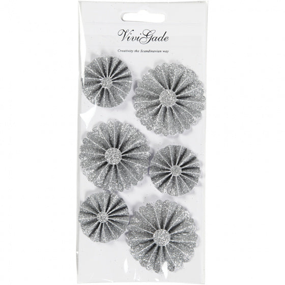 rosettes Glitter papier 35/50 mm zilver 6 stuks