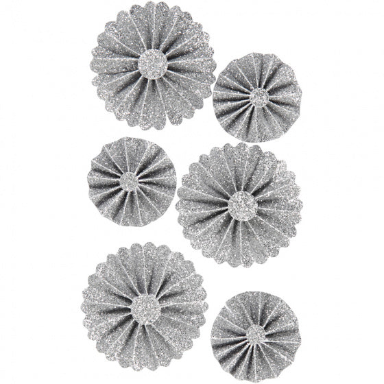 rosettes Glitter papier 35/50 mm zilver 6 stuks