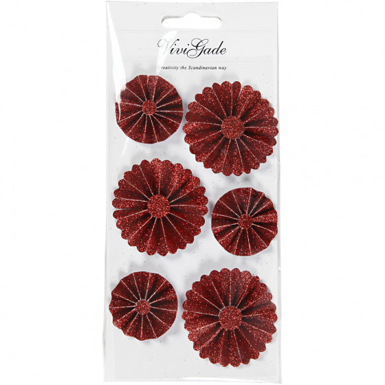 Rosettes rood/glitter 35 + 50 mm 6 stuks