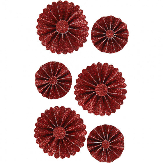 Rosettes rood/glitter 35 + 50 mm 6 stuks