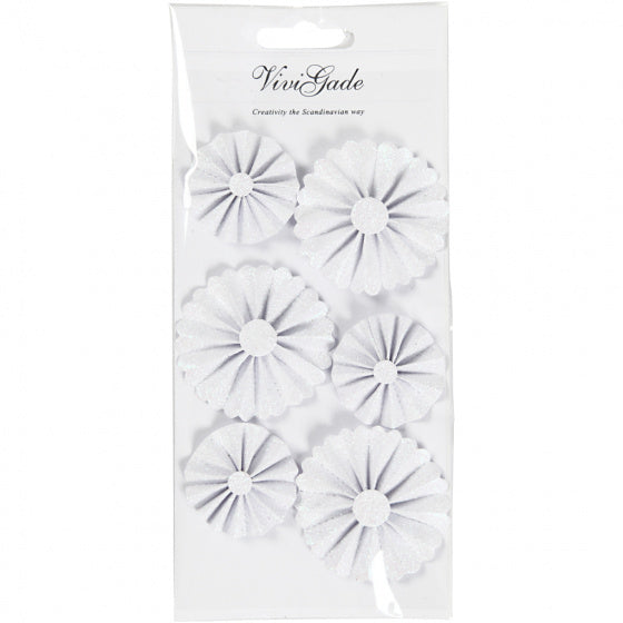 Rosettes wit/glitter 35 + 50 mm 6 stuks
