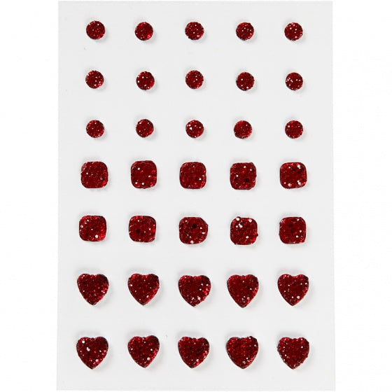strasstenen rood rond/vierkant/hart 35 stuks