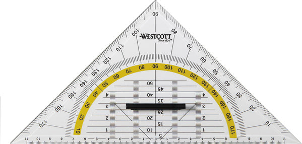 geodriehoek 22 cm transparant/geel/zwart