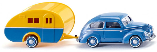 miniatuurauto en caravan Ford Taunus G73A 1:87 blauw/geel