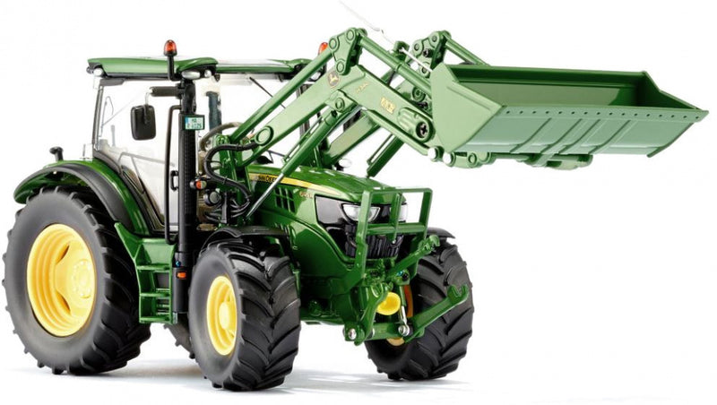 miniatuurtractor John Deere 6125R wiellader zink 1:32 groen