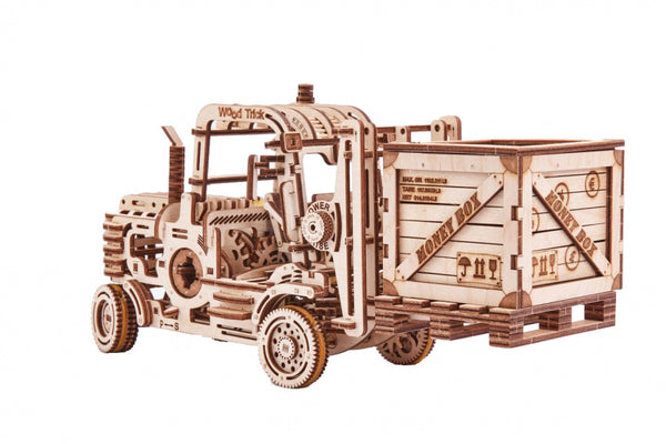 model heftruck met spaarpot hout 31,5 x 11,5 cm
