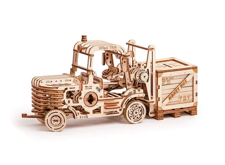 model heftruck met spaarpot hout 31,5 x 11,5 cm