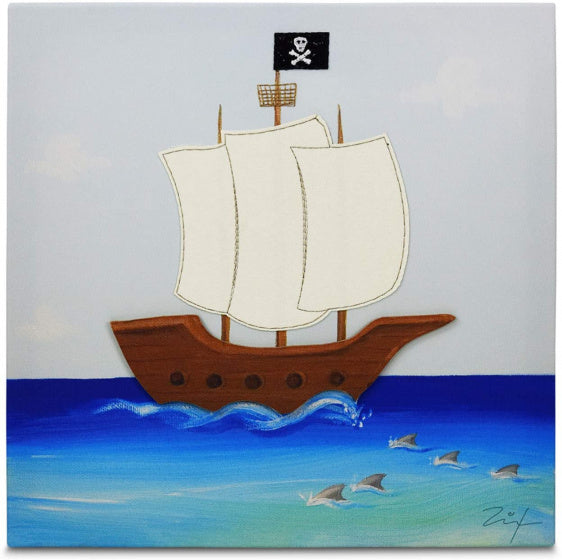 schilderij Piratenschip jongens 30 cm canvas blauw/wit
